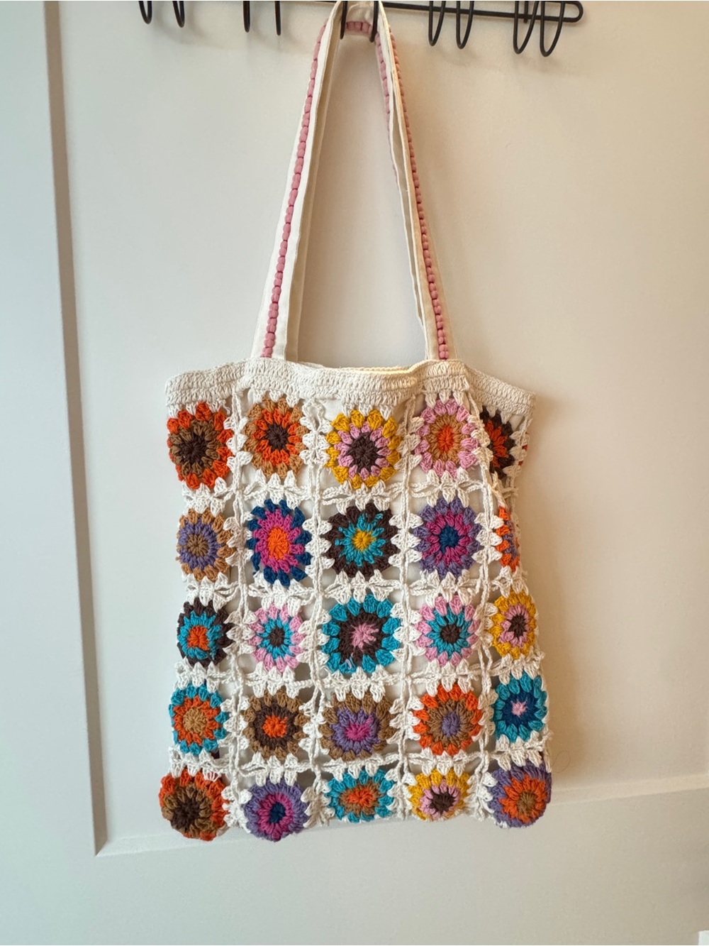 Handmade Cream Crochet Floral Tote Bag with Multicolor Accents